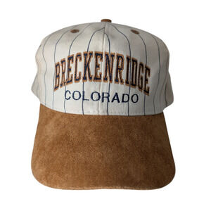 Vintage Breckenridge Colorado Suede Leather Striped Hat Cap Navy Beige Tan